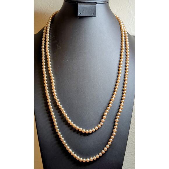 Vintage 58" Long 5-6mm Faux Champagne Pearl Rhinestone Slide In Clasp Necklace - Picture 1 of 9